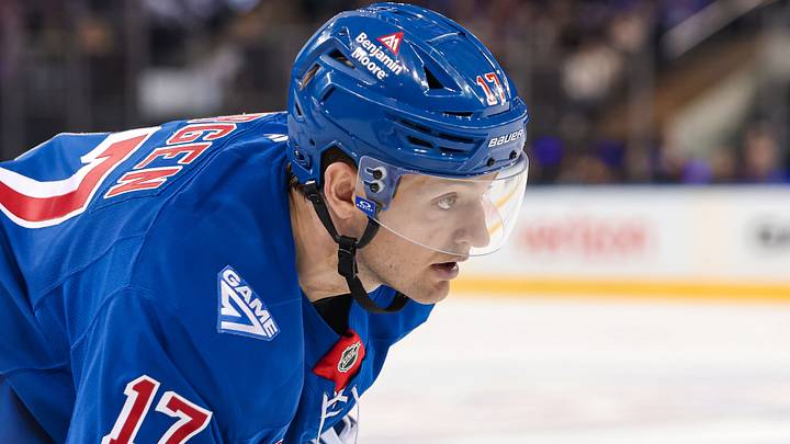 Apr 5, 2026; New York, New York, USA; New York Rangers defenseman Will Borgen (17) skates against the Washington Capitals during the first period at Madison Square Garden. Apr 5, 2026; New York, New York, USA; New York Rangers defenseman Will Borgen (17) skates against the Washington Capitals during the first period at Madison Square Garden.