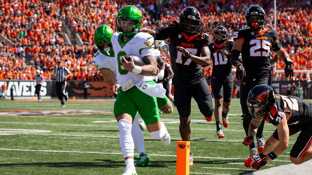 Oregon quarterback Dillon Gabriel runs for a touchdown as the Oregon State Beavers host the Oregon Ducks Saturday, Sept. 14, 2024 at Reser Stadium in Corvallis, Ore.
