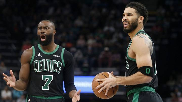 Mar 20, 2026; Memphis, Tennessee, USA; Boston Celtics guard Jaylen Brown (7) and forward Jayson Tatum (0) react during the third quarter against the Memphis Grizzliesat FedExForum. Mandatory Credit: Petre Thomas-Imagn Images