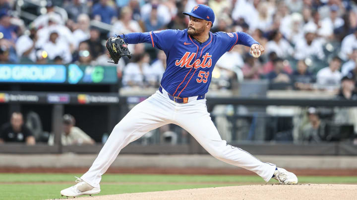 Jun 26, 2024; New York City, New York, USA;  New York Mets starting pitcher Sean Manaea (59) pitches in the first inning against the New York Yankees at Citi Field. Mandatory Credit: Wendell Cruz-USA TODAY Sports