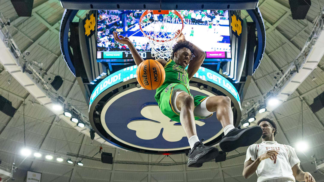 Feb 7, 2026; South Bend, Indiana, USA; Notre Dame Fighting Irish forward Jalen Haralson (10) dunks against the Florida State Seminoles during the second half at Purcell Pavilion at the Joyce Center. Mandatory Credit: Michael Caterina-Imagn Images