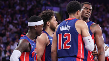  Detroit Pistons center Jalen Duren (0) is helped up by forward Tobias Harris (12) during the first round of the 2025 NBA Playoffs at Madison Square Garden.