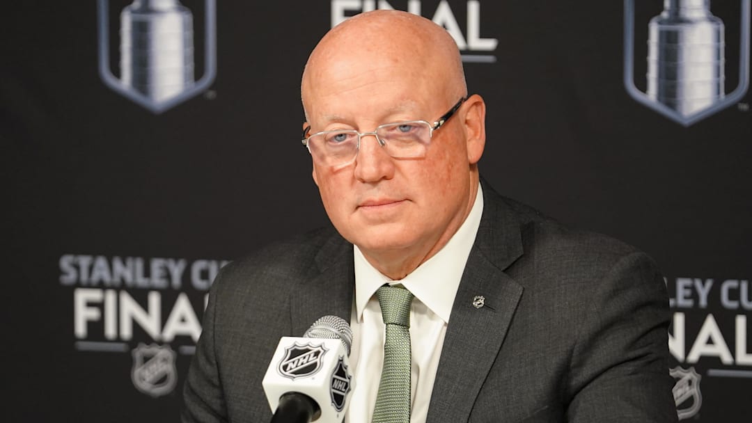 Jun 3, 2023; Las Vegas, Nevada, USA; NHL deputy commissioner Bill Daly speaks at a press conference before game one of the 2023 Stanley Cup Final between the Florida Panthers and Vegas Golden Knights at T-Mobile Arena. Mandatory Credit: Lucas Peltier-Imagn Images Jun 3, 2023; Las Vegas, Nevada, USA; NHL deputy commissioner Bill Daly speaks at a press conference before game one of the 2023 Stanley Cup Final between the Florida Panthers and Vegas Golden Knights at T-Mobile Arena. Mandatory Credit: Lucas Peltier-Imagn Images