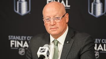 Jun 3, 2023; Las Vegas, Nevada, USA; NHL deputy commissioner Bill Daly speaks at a press conference before game one of the 2023 Stanley Cup Final between the Florida Panthers and Vegas Golden Knights at T-Mobile Arena. Mandatory Credit: Lucas Peltier-Imagn Images