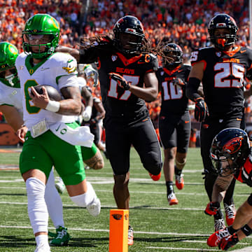 Oregon quarterback Dillon Gabriel runs for a touchdown as the Oregon State Beavers host the Oregon Ducks Saturday, Sept. 14, 2024 at Reser Stadium in Corvallis, Ore.