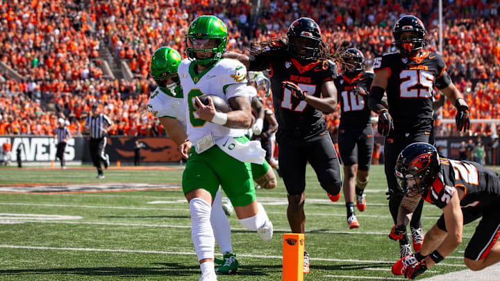 Oregon quarterback Dillon Gabriel runs for a touchdown as the Oregon State Beavers host the Oregon Ducks Saturday, Sept. 14, 2024 at Reser Stadium in Corvallis, Ore.