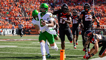 Oregon quarterback Dillon Gabriel runs for a touchdown during his team's game against Oregon State, on Saturday, Sept. 14, 2024, at Reser Stadium in Corvallis.