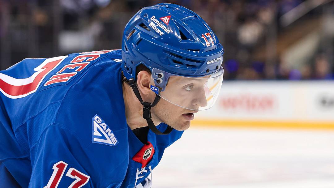 Apr 5, 2026; New York, New York, USA; New York Rangers defenseman Will Borgen (17) skates against the Washington Capitals during the first period at Madison Square Garden. Mandatory Credit: Danny Wild-Imagn Images