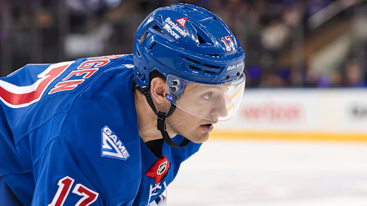 Apr 5, 2026; New York, New York, USA; New York Rangers defenseman Will Borgen (17) skates against the Washington Capitals during the first period at Madison Square Garden. Mandatory Credit: Danny Wild-Imagn Images
