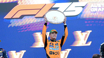 [US, Mexico & Canada customers only] March 16, 2025; Melbourne, AUSTRALIA; Lando Norris celebrates next to Max Verstappen and George Russell after winning the F1 Australian Grand Prix at Albert Park Grand Prix Circuit. Mandatory Credit: Tracey Nearmy/Reuters via Imagn Images
