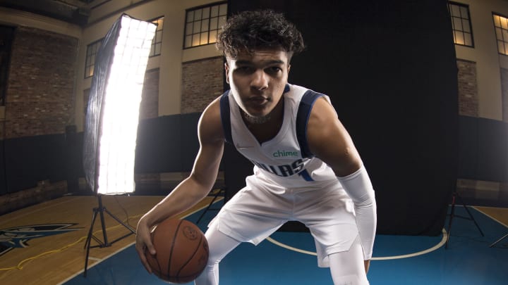 Sep 27, 2021; Dallas, TX, USA; Dallas Mavericks guard Tyrell Terry (1) poses for a photo during the Dallas Mavericks media day at the American Airlines Center. Mandatory Credit: Jerome Miron-USA TODAY Sports