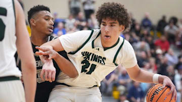 Millennium Tigers guard Cameron Holmes (3) defends Sunnyslope Vikings Darius Wabbington (21) during their Open Division boys basketball state semifinals game at Chaparral High School in Phoenix on March 5, 2025.