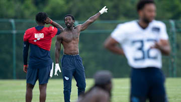 Tennessee Titans quarterback Cam Ward (1) and wide receiver Calvin Ridley work on timing plays after OTAs at Ascension Saint Thomas Sports Park in Nashville, Tenn., Tuesday, June 3, 2025.