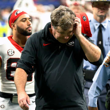 Georgia coach Kirby Smart reacts after losing the SEC Championship game against Alabama at Mercedes-Benz Stadium in Atlanta, on Saturday, Dec. 2, 2023. Alabama won 27-24.