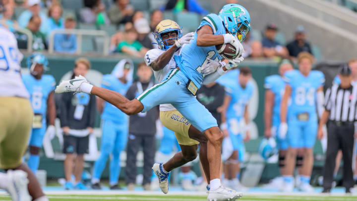 Nov 11, 2023; New Orleans, Louisiana, USA; Tulsa Golden Hurricane cornerback NuNu Campbell (13) defends Tulane Green Wave wide receiver Chris Brazzell II (17) after a catch in fourth quarter action at Yulman Stadium.