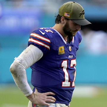 Buffalo Bills quarterback Josh Allen reacts during the second half against the Miami Dolphins at Hard Rock Stadium.
