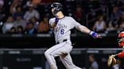 Nov 9, 2025; Mesa, AZ, USA; Colorado Rockies infielder Charlie Condon during the Arizona Fall League Fall Stars Game at Sloan Park. 