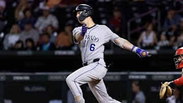 Nov 9, 2025; Mesa, AZ, USA; Colorado Rockies infielder Charlie Condon during the Arizona Fall League Fall Stars Game at Sloan Park. 