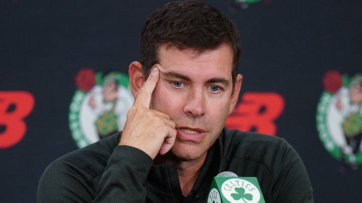 Sep 29, 2025; Boston, MA, USA; Boston Celtics president of basketball operations Brad Stevens talks to reporters during media day at the Auerbach Center. Mandatory Credit: David Butler II-Imagn Images