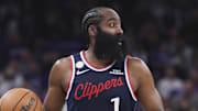 Oct 22, 2025; Salt Lake City, Utah, USA; Los Angeles Clippers guard James Harden (1) brings the ball up the court against the Utah Jazz during the second half at Delta Center. Mandatory Credit: Rob Gray-Imagn Images