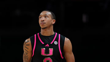 Jan 29, 2025; Coral Gables, Florida, USA; Miami Hurricanes guard Matthew Cleveland (0) looks on against the Virginia Cavaliers during the second half at Watsco Center. Mandatory Credit: Sam Navarro-Imagn Images