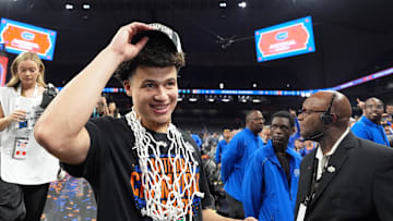 Apr 7, 2025; San Antonio, TX, USA; Florida Gators guard Walter Clayton Jr. (1) celebrates after winning the national championship game of the Final Four of the 2025 NCAA Tournament at the Alamodome. Mandatory Credit: Bob Donnan-Imagn Images
