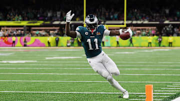 Feb 9, 2025; New Orleans, LA, USA; Philadelphia Eagles wide receiver A.J. Brown (11) scores a touchdown against the Kansas City Chiefs during the first half of Super Bowl LIX at Caesars Superdome. Mandatory Credit: Geoff Burke-Imagn Images