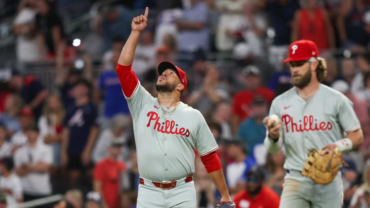 Aug 21, 2024; Atlanta, Georgia, USA; Philadelphia Phillies relief pitcher Carlos Estevez (53) reacts after a victory over the Atlanta Braves at Truist Park. Mandatory Credit: Brett Davis-USA TODAY Sports