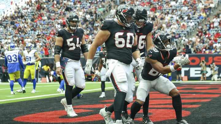 Aug 24, 2024; Houston, Texas, USA; Houston Texans wide receiver Johnny Johnson III (88) celebrates in the end zone after scoring a touchdown during the fourth quarter against the Los Angeles Rams at NRG Stadium. Mandatory Credit: Troy Taormina-USA TODAY Sports