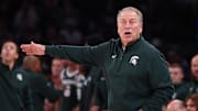 Nov 18, 2025; New York, New York, USA; Michigan State Spartans head coach Tom Izzo reacts during the first half against the Kentucky Wildcats at Madison Square Garden. Mandatory Credit: Vincent Carchietta-Imagn Images