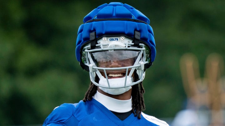 Indianapolis Colts wide receiver Adonai Mitchell (10) smiles while running a drill Sunday, July 28, 2024, during the Indianapolis Colts’ training camp at Grand Park Sports Complex in Westfield.