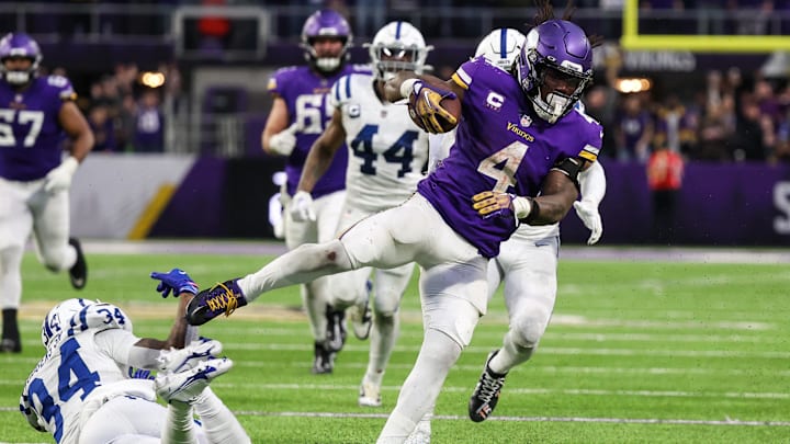 Dec 17, 2022; Minneapolis, Minnesota, USA; Minnesota Vikings running back Dalvin Cook (4) runs with