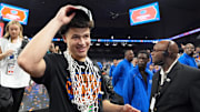 Florida guard Walter Clayton Jr. (1) celebrates after winning the national championship game of the 2025 NCAA Tournament.