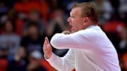 Nov 4, 2024; Champaign, Illinois, USA;  Illinois Fighting Illini head coach Brad Underwood reacts during the first half against the Eastern Illinois Panthers at State Farm Center. Mandatory Credit: Ron Johnson-Imagn Images
