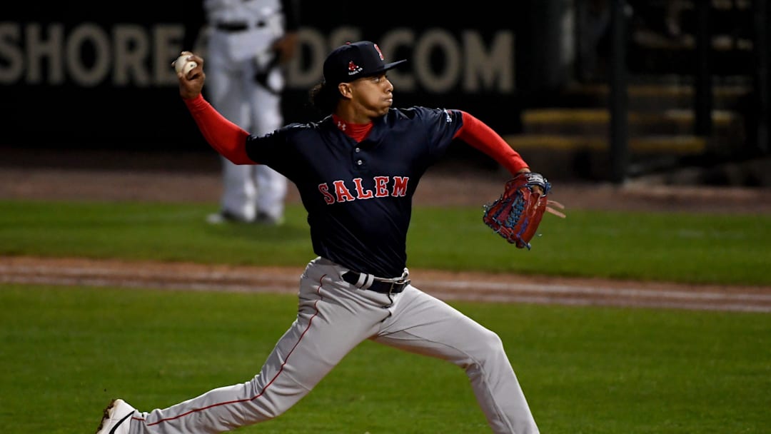 Salem's Jedixson Paez (17) pitches against the Shorebirds Tuesday, April 9, 2024, at Perdue Stadium in Salisbury, Maryland.