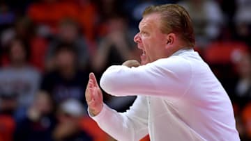 Nov 4, 2024; Champaign, Illinois, USA;  Illinois Fighting Illini head coach Brad Underwood reacts during the first half against the Eastern Illinois Panthers at State Farm Center. Mandatory Credit: Ron Johnson-Imagn Images