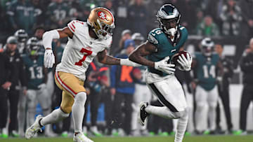 Dec 3, 2023; Philadelphia, Pennsylvania, USA; Philadelphia Eagles wide receiver Quez Watkins (16) makes a catch against San Francisco 49ers cornerback Charvarius Ward (7) during the first quarter at Lincoln Financial Field.