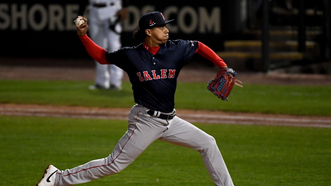 Salem's Jedixson Paez (17) pitches against the Shorebirds Tuesday, April 9, 2024, at Perdue Stadium in Salisbury, Maryland.