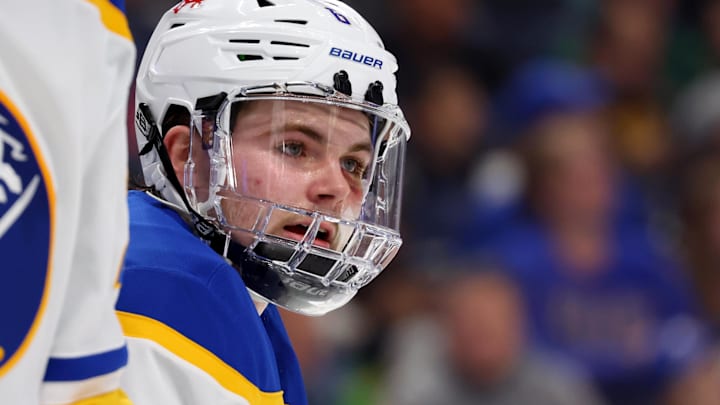 Oct 15, 2025; Buffalo, New York, USA;  Buffalo Sabres left wing Zach Benson (6) waits for the face-off during the first period against the Ottawa Senators at KeyBank Center. Mandatory Credit: Timothy T. Ludwig-Imagn Images