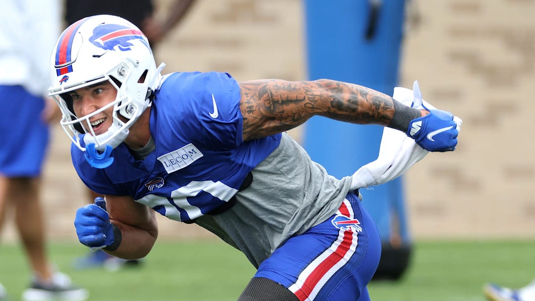 Bills safety Taylor Rapp makes a cut during tackling drills at training camp.