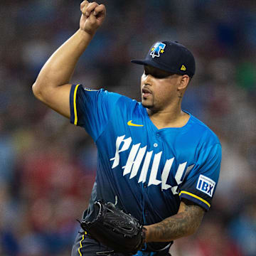 Aug 1, 2025; Philadelphia, Pennsylvania, USA; Philadelphia Phillies pitcher Jhoan Duran (59) throws a pitch during the ninth inning against the Detroit Tigers at Citizens Bank Park.