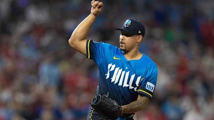 Aug 1, 2025; Philadelphia, Pennsylvania, USA; Philadelphia Phillies pitcher Jhoan Duran (59) throws a pitch during the ninth inning against the Detroit Tigers at Citizens Bank Park.