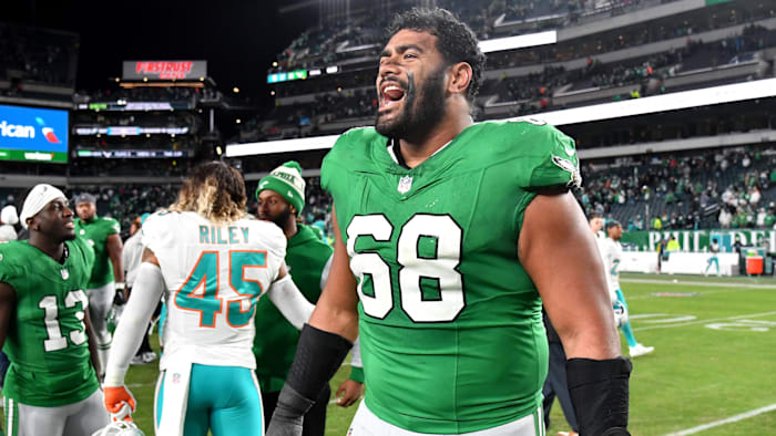 Oct 22, 2023; Philadelphia, Pennsylvania, USA; Philadelphia Eagles offensive tackle Jordan Mailata.