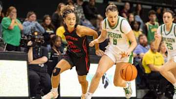 Oregon guard Elisa Mevius, right, moves the ball up the court under cover from Western Oregon guard Enid Vaifanua as the Oregon Ducks host the Western Oregon Wolves in an exhibition game at Matthew Knight Arena in Eugene on Oct. 30, 2025.
