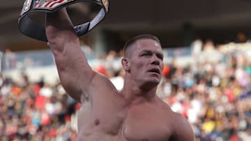 John Cena posing with the WWE United States Championship at WrestleMania 31