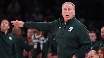 Nov 18, 2025; New York, New York, USA; Michigan State Spartans head coach Tom Izzo reacts during the first half against the Kentucky Wildcats at Madison Square Garden. Mandatory Credit: Vincent Carchietta-Imagn Images