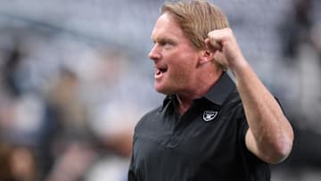 Aug 14, 2021; Paradise, Nevada, USA; Las Vegas Raiders manager Jon Gruden gestures before the game against the Seattle Seahawks at Allegiant Stadium. Mandatory Credit: Orlando Ramirez-Imagn Images