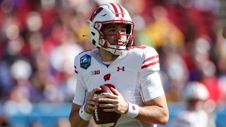 Jan 1, 2024; Tampa, FL, USA; Wisconsin Badgers quarterback Tanner Mordecai (8) drops back to pass Jan 1, 2024; Tampa, FL, USA; Wisconsin Badgers quarterback Tanner Mordecai (8) drops back to pass