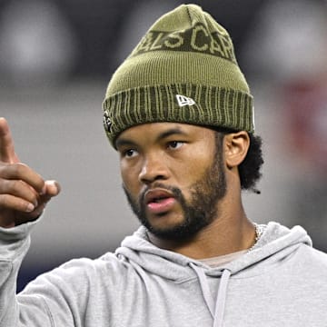 Nov 3, 2025; Arlington, Texas, USA; Arizona Cardinals quarterback Kyler Murray (1) warms up before the game against the Dallas Cowboys at AT&T Stadium. Mandatory Credit: Jerome Miron-Imagn Images