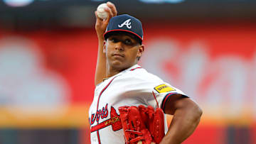 Braves prospect Didier Fuentes winds up to fire a pitch against the Angels, July 2, 2025 